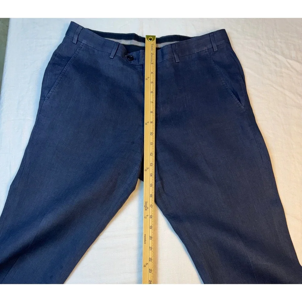 Armani Collezioni Mens Navy Blue Linen Blend Flat Front Straight Leg Pants 35x29